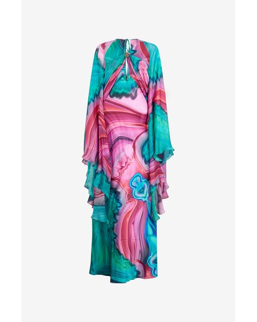 Roberto Cavalli White Long Silk Dress With Cut-Out And Marble Print