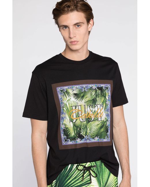 Roberto Cavalli Black Just Cavalli Palm-Print Cotton T-Shirt for men