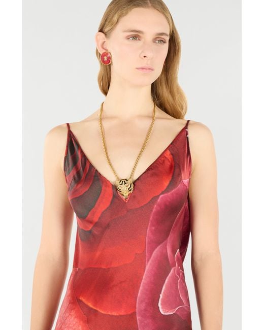 Roberto Cavalli Red Long Dress With Rose Print And Bejeweled Tiger