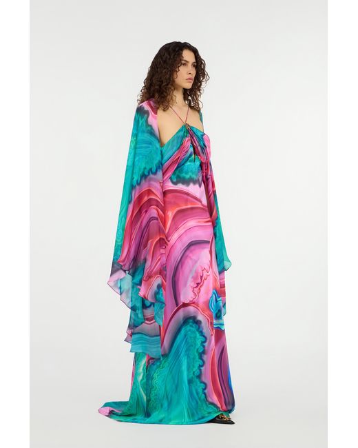 Roberto Cavalli White Long Silk Dress With Cut-Out And Marble Print
