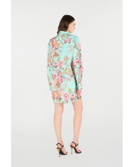 Abito Chemisier Con Stampa Oriental Bird di Roberto Cavalli in Blue