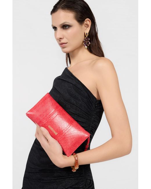 Roberto Cavalli Red Serpentine Pochette Coral