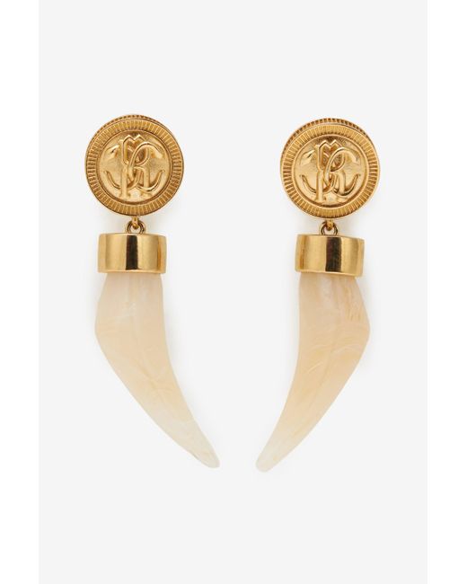 Roberto Cavalli White Drop Earrings With Fang
