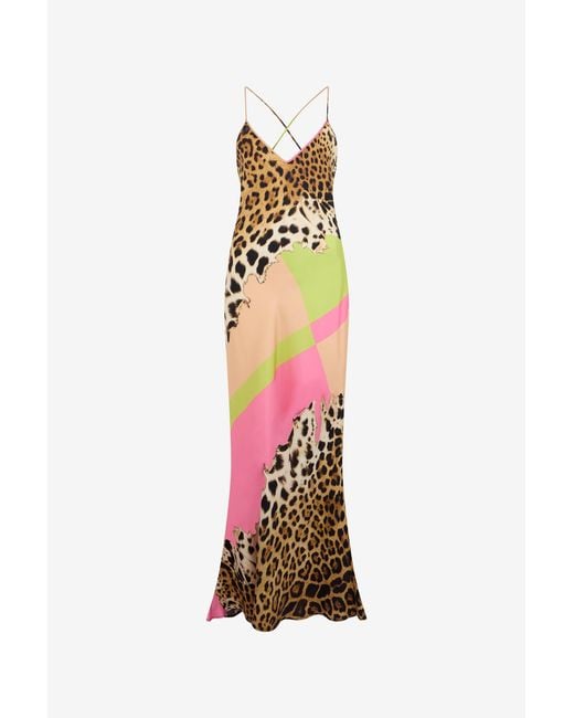 Roberto Cavalli White Long Silk Dress With Cavalli Pop Print