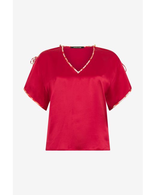 Roberto Cavalli Red Silk Tie-Shoulder Top