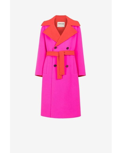 Roberto Cavalli Colourblock Double-faced Wool Coat in Pink | Lyst