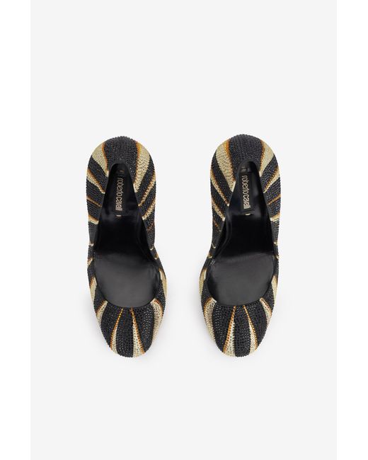 Roberto Cavalli Black Print Satin Pumps With Rhinestones