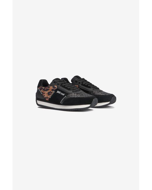 Roberto Cavalli Black Schwarze Sneaker Mit Jaguar Skin-Einsatz Und Glitzer