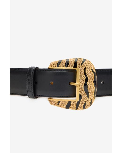 Roberto Cavalli Black Leopard Skin Belt With Bejeweled Buckle