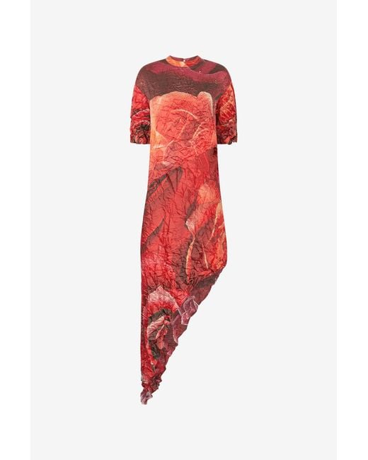 Roberto Cavalli Red Crinkled Asymmetric Dress With Rose Print