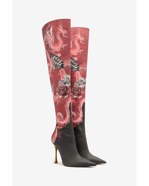 Roberto Cavalli Red Knee-High Boots With Dragon Print