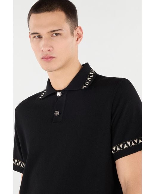 Roberto Cavalli Black Knitted Polo Shirt With Jacquard Pattern for men
