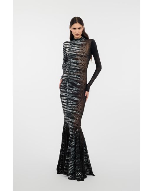 Roberto Cavalli Black Langes Durchsichtiges Kleid Mit Motiv Zebra