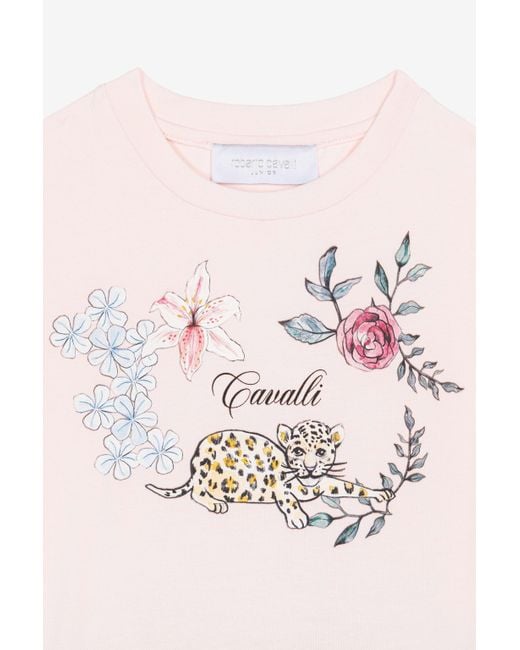 Robe En Soie À Imprimé Jaguars Et Fleurs Roberto Cavalli en coloris White