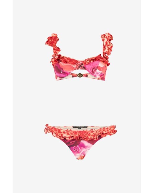 Roberto Cavalli Red Garden Rose And Cheetah Skin Bikini