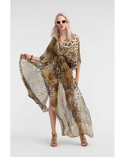 Roberto Cavalli Metallic Long Kaftan With Jaguar Skin Print