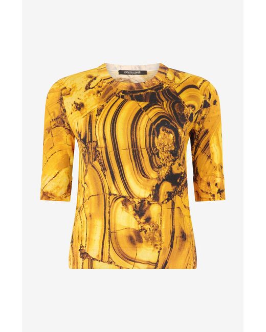 Roberto Cavalli Yellow Silk And Wool Sweater With Tigereye Print