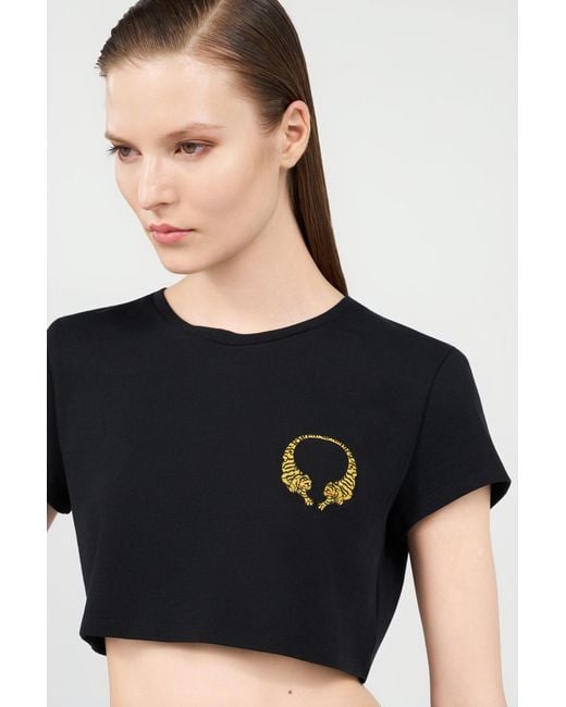 Roberto Cavalli Black Cotton Crop Top With Tigers