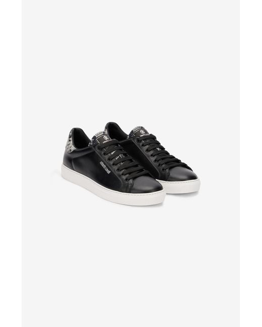 Roberto Cavalli Black Leather Sneaker With Snakeskin-Effect Detail for men