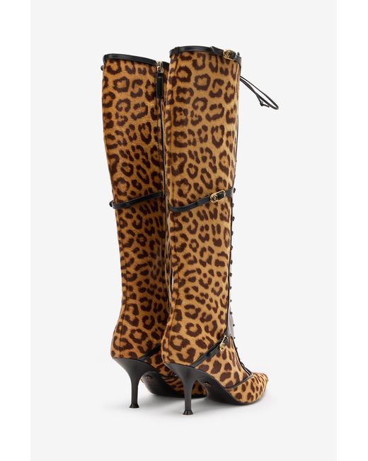 Roberto Cavalli Black Pointed Lace-Up Boots With Leopard Skin