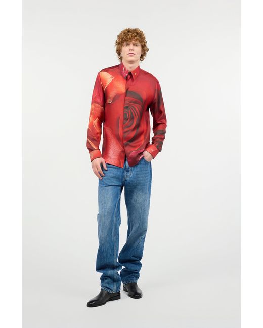 Roberto Cavalli Red Shirt With Garden Rose Print for men