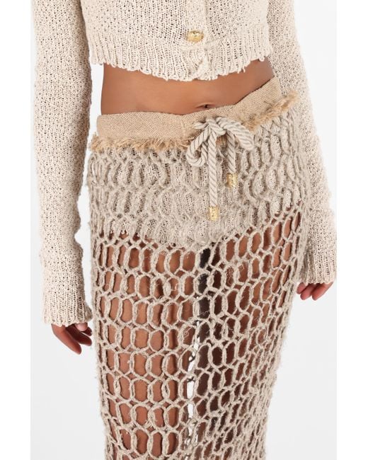 Roberto Cavalli Natural Long Mesh Skirt With Fringes