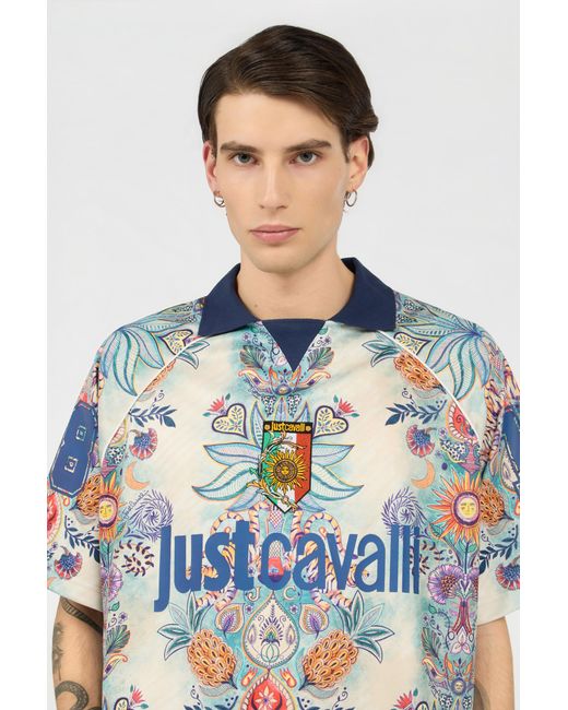 Roberto Cavalli Blue Tropical Garden Print T-Shirt for men