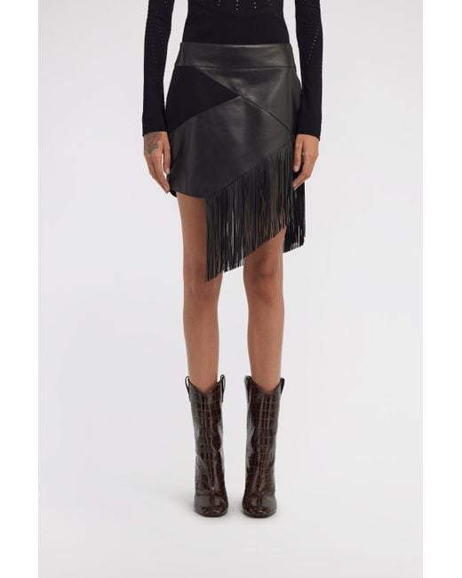 Roberto Cavalli Black Leather Skirt With Fringes