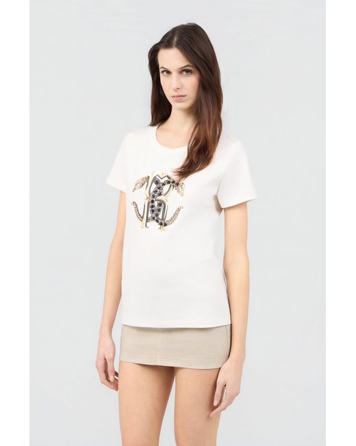 Roberto Cavalli Natural Ivory T-Shirt With Logo