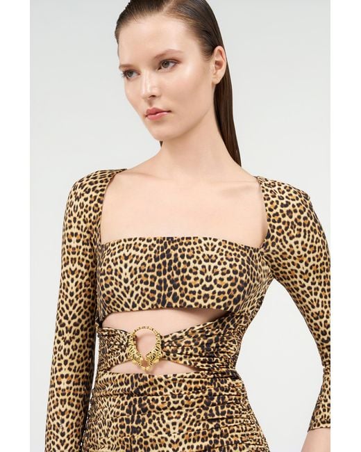 Roberto Cavalli Natural Mini Dress With Baby Jaguar Print And Cut-Out Detail