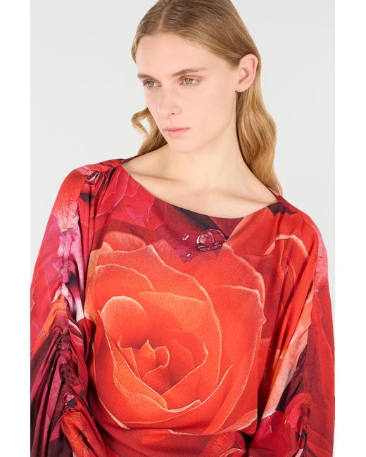 Roberto Cavalli Sweater With Gathered Sleeves And Rose Print