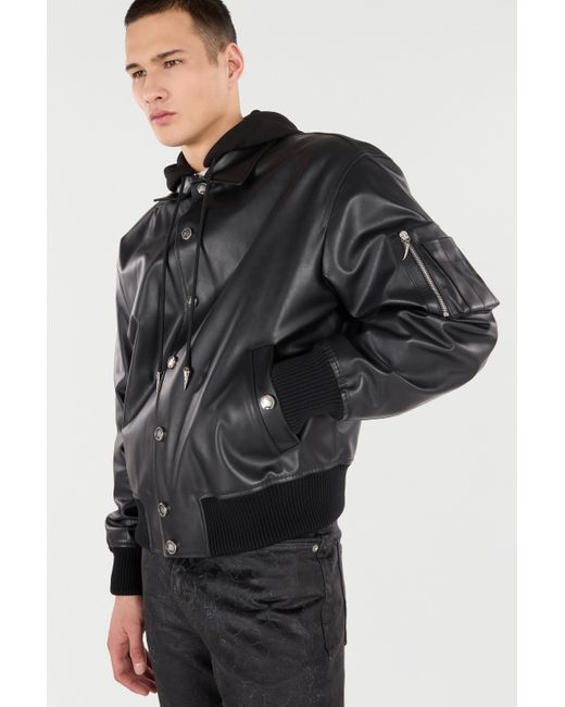 Roberto Cavalli Black Leather Bomber Jacket With Hood for men