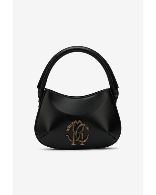 Roberto Cavalli Black Leather Top Handle Bag With Monogram Rc