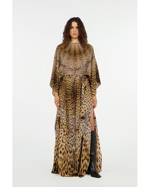 Roberto Cavalli Natural Long Silk Dress With Jaguar Skin Print