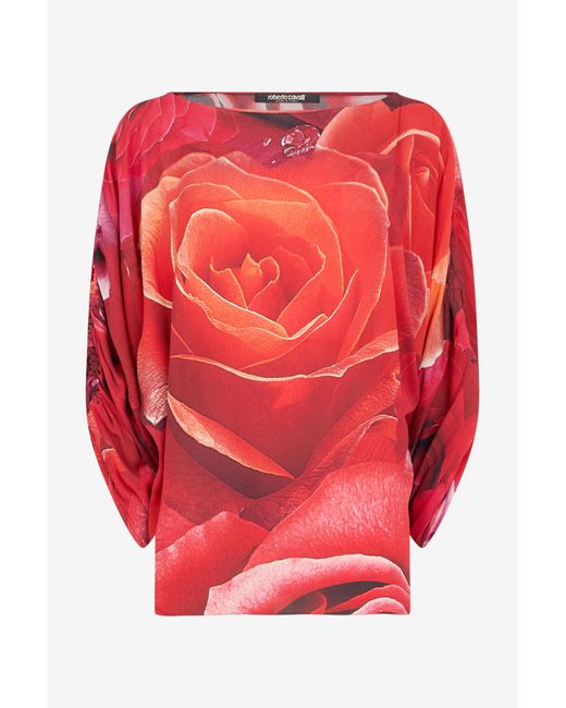 Roberto Cavalli Sweater With Gathered Sleeves And Rose Print