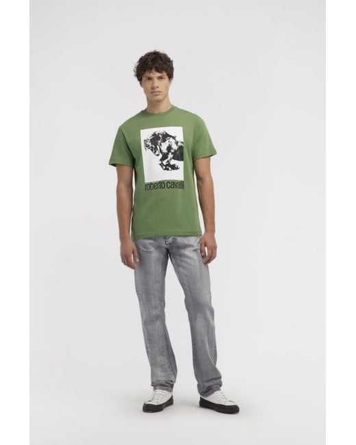Roberto Cavalli Green Logo Printed Crewneck T-Shirt for men