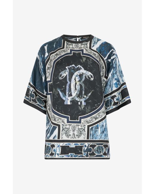 Roberto Cavalli Gray T-Shirt With Mirror Snake Monogram And Marble Print