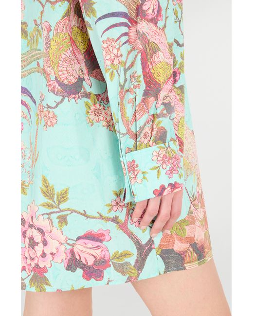 Roberto Cavalli Blue Shirt Dress With Oriental Bird Print