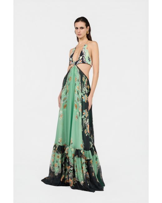 Roberto Cavalli Green Kimono Print Silk Maxi Dress
