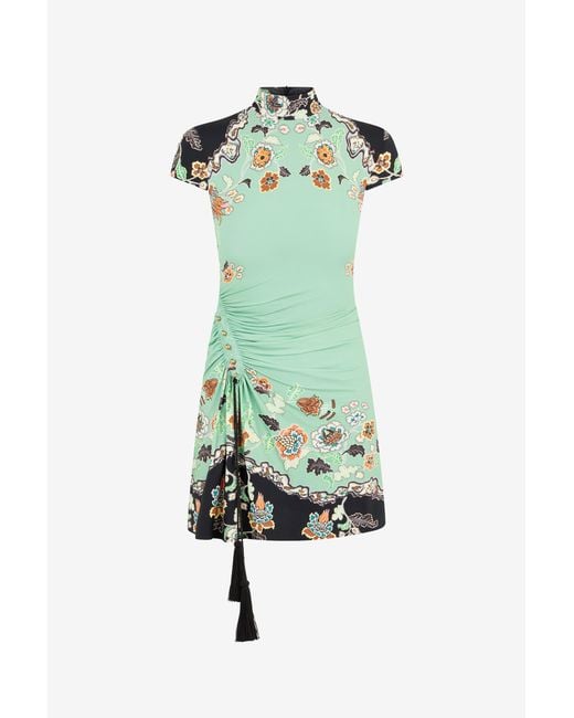 Roberto Cavalli Green Kimono Print Mini Dress