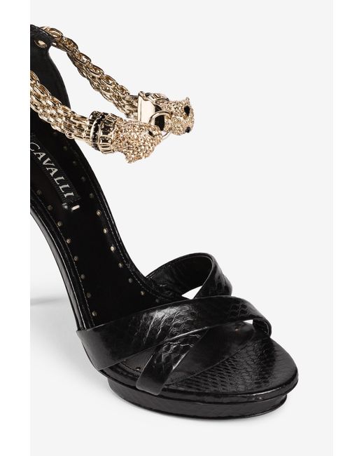 Roberto Cavalli Black Crystal-Embellished Panther Head Sandals