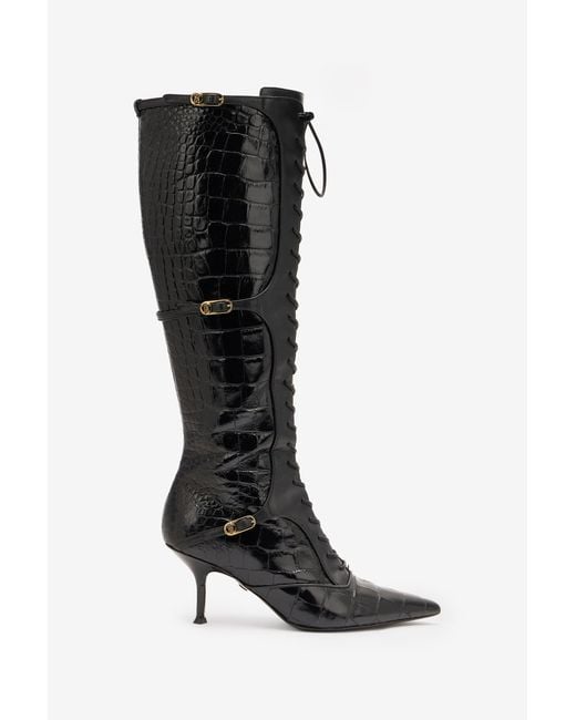 Roberto Cavalli Black Pointed Lace-Up Boots With Crocodile Effect