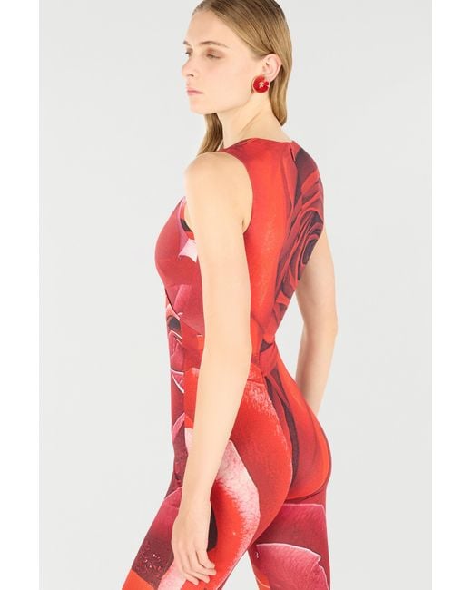 Roberto Cavalli Red Rose-Print Sleeveless Jumpsuit