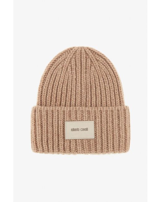 Roberto Cavalli Natural Ribbed Alpaca Blend Beanie With Logo for men