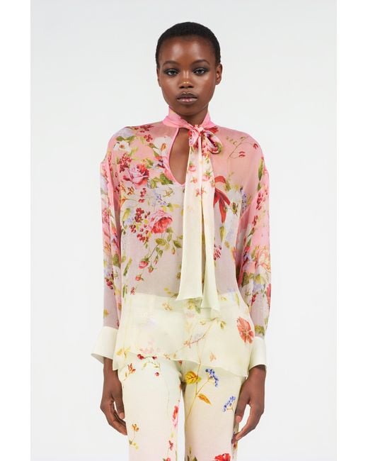 Roberto Cavalli Pink Chiffon Blouse With Miami Flowers Print