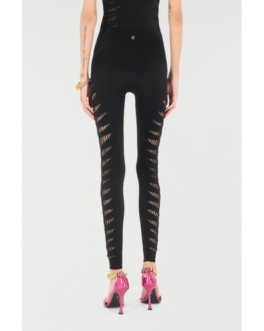 Roberto Cavalli Black Perforated Python Pattern Leggings