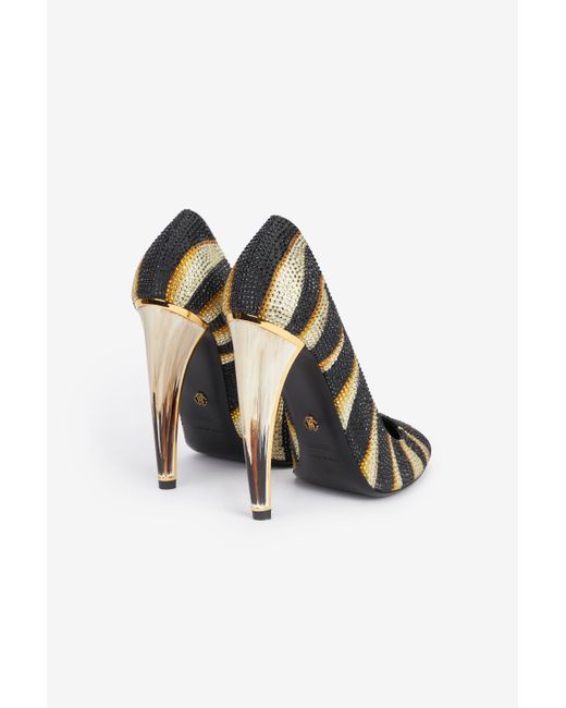 Roberto Cavalli Black Print Satin Pumps With Rhinestones