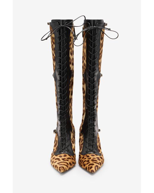 Roberto Cavalli Black Pointed Lace-Up Boots With Leopard Skin
