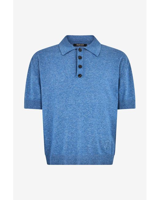 Roberto Cavalli Blue Knit Polo Shirt With Embroidered Logo for men