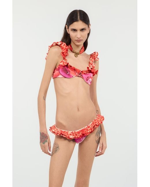 Roberto Cavalli Red Garden Rose And Cheetah Skin Bikini